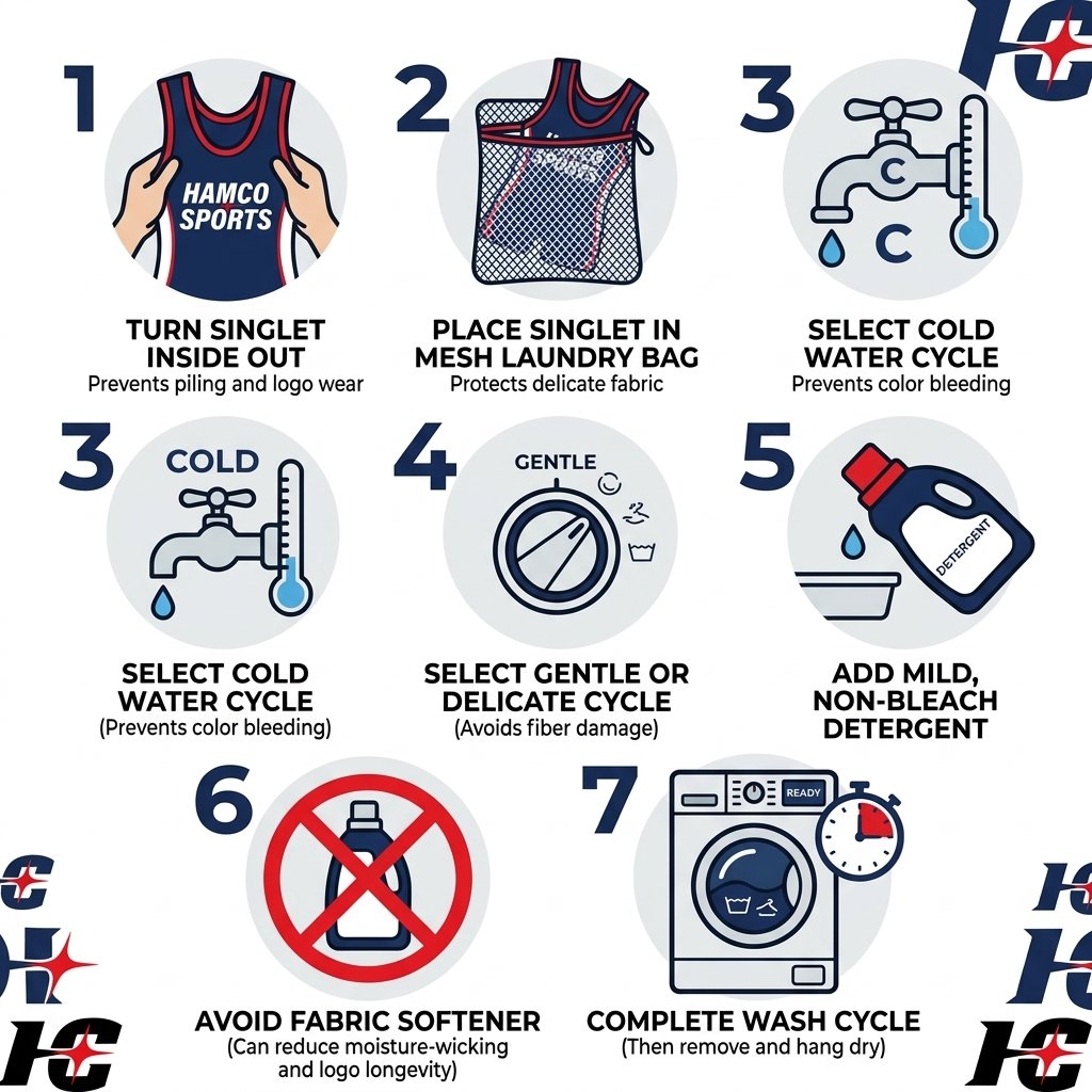 Step-by-step machine washing instructions for a wrestling singlet