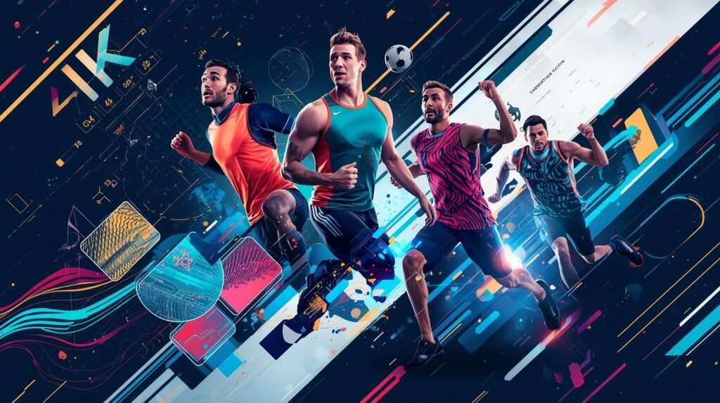 Best Uniforms in Sports — futuristic graphic blending colorful athlete uniforms with data charts and aerodynamic flow lines.