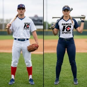 Baseball player in long pinstripe pants next to softball player in knee-length knicker pants comparing uniform styles.