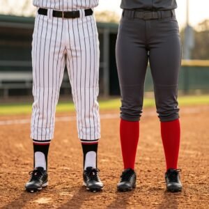Baseball vs Softball Pants side-by-side comparison showing long pinstripe pants versus knee-length knicker pants.