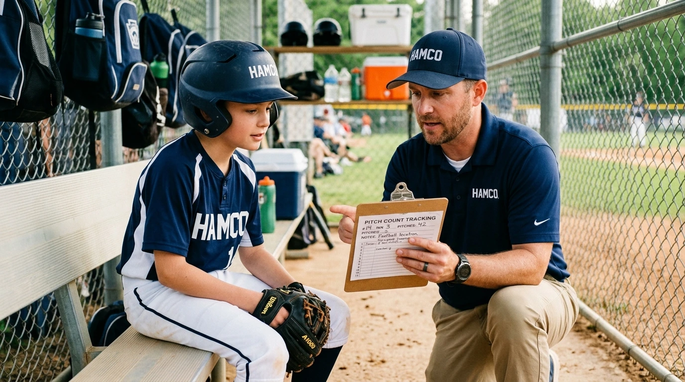 Little League coach showing a young player the pitch count tracking sheet on a clipboard in the dugout