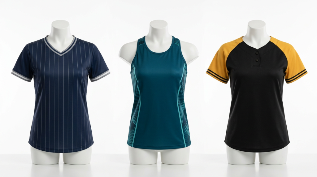 softball jersey design tips comparing v-neck racerback and button-up styles