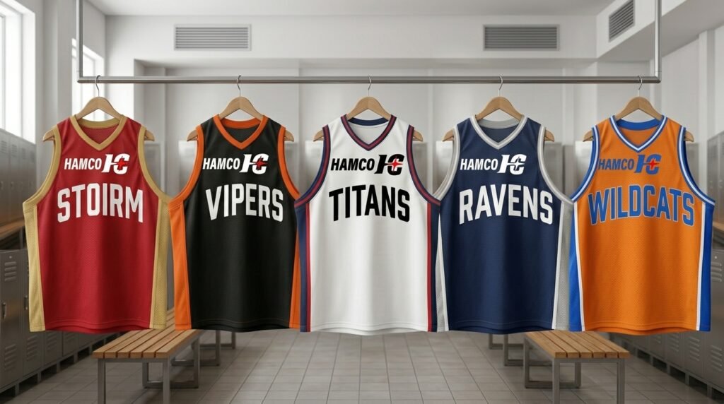 Custom HAMCOSPO basketball jerseys with different team names hanging in a locker room