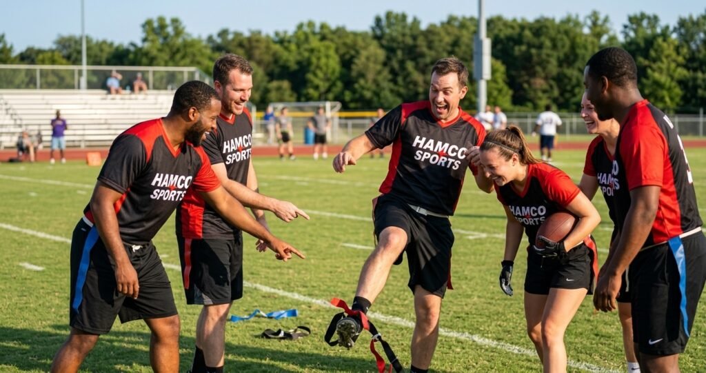 Funny flag football team names players laughing on field in custom Hamco Sports jerseys