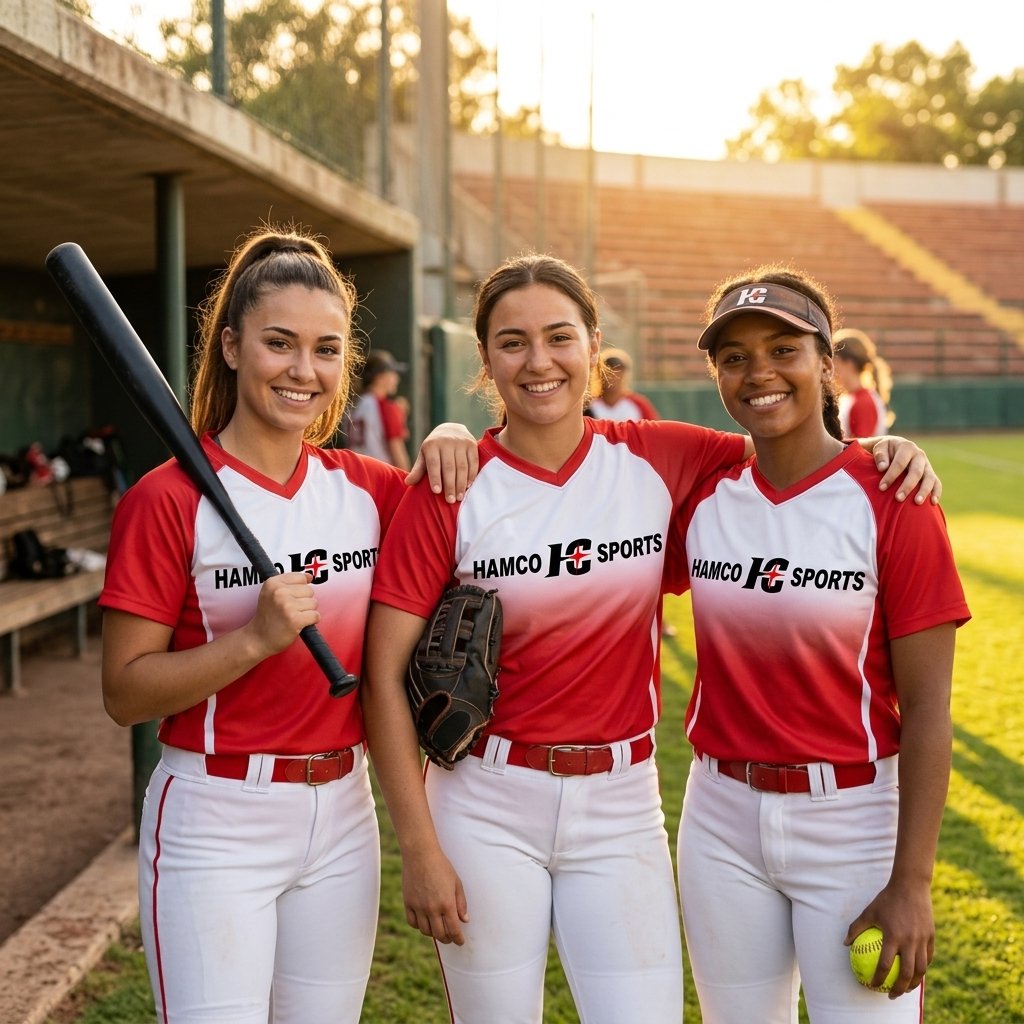 Young girl ready to bat in Hamco Sports jersey representing great youth softball team names for kids leagues