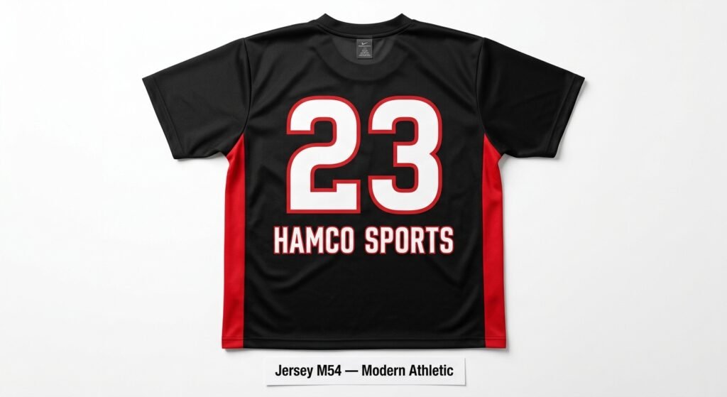 Futura Bold jersey font displayed on a custom white soccer jersey with number 23 — geometric modern style by HAMCO Sports
