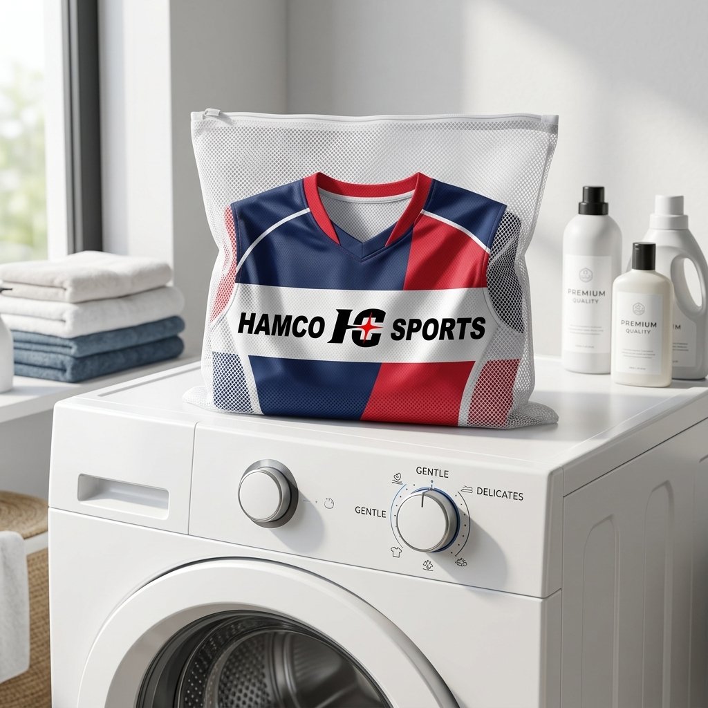 Hamco custom sports jersey inside a mesh laundry bag on a gentle cycle setting
