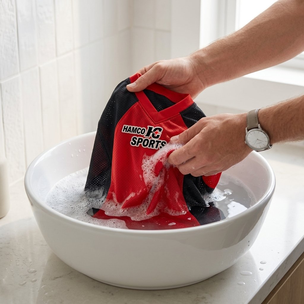 wash a jersey by hand — gently submerging a Hamco custom sports uniform in cold soapy water in a clean basin