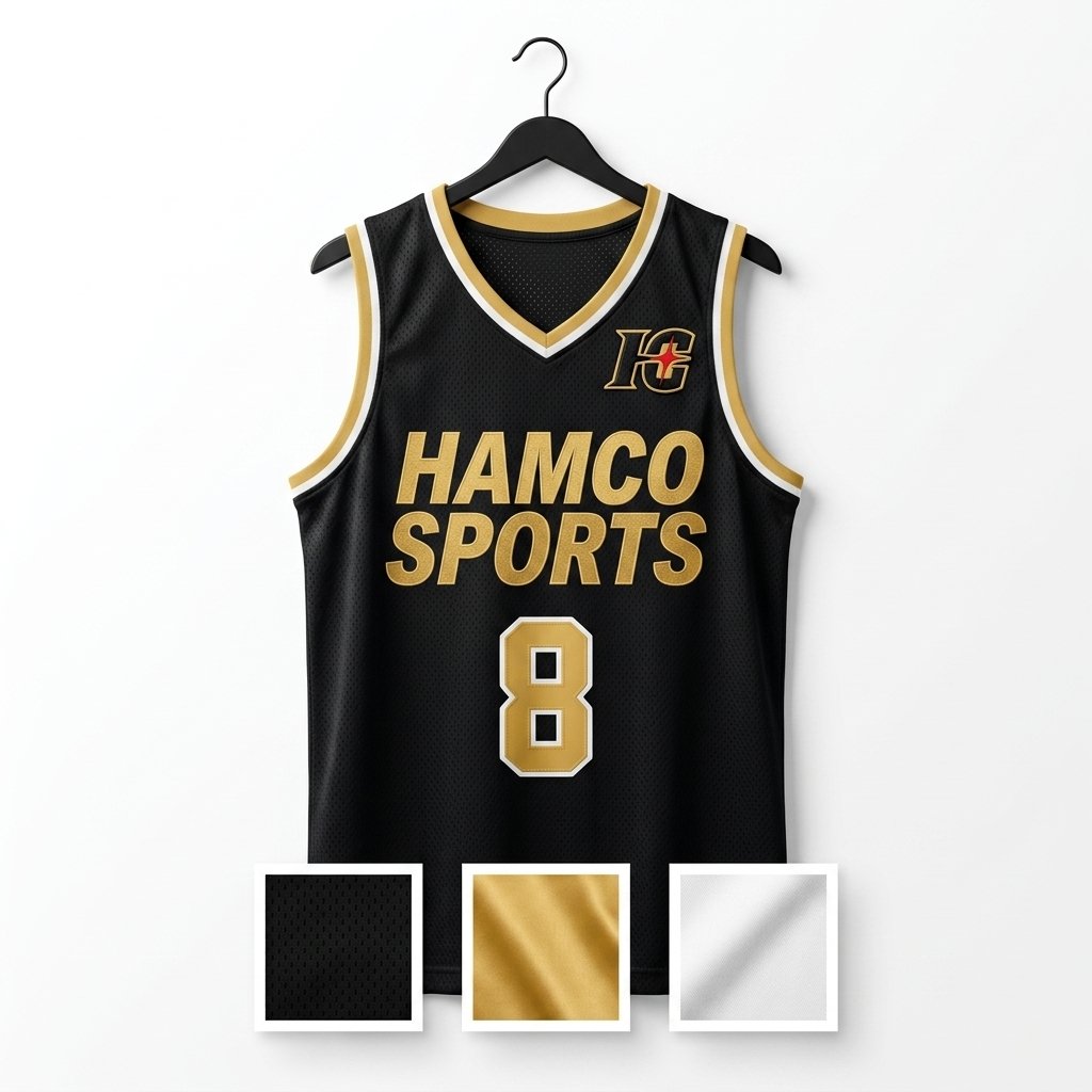 Custom black and gold basketball jersey showing the three color rule with logo on chest