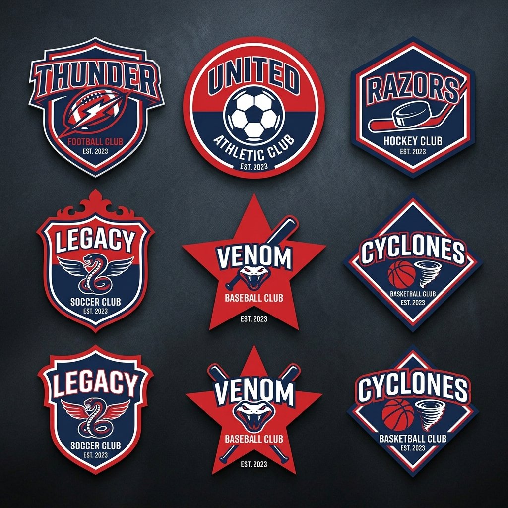 Sports logo design template badge shapes including shield circle hexagon and crest options