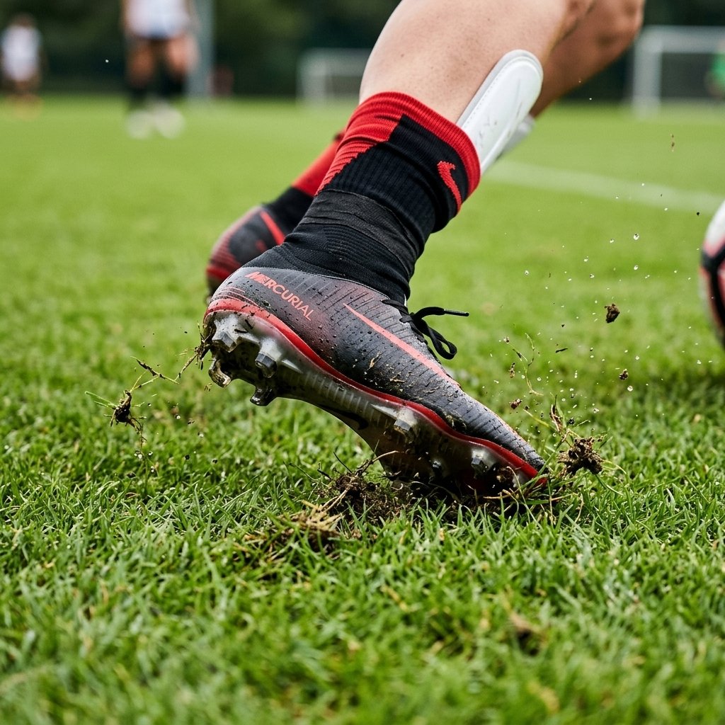 Soccer cleats gripping natural grass during a lateral cut