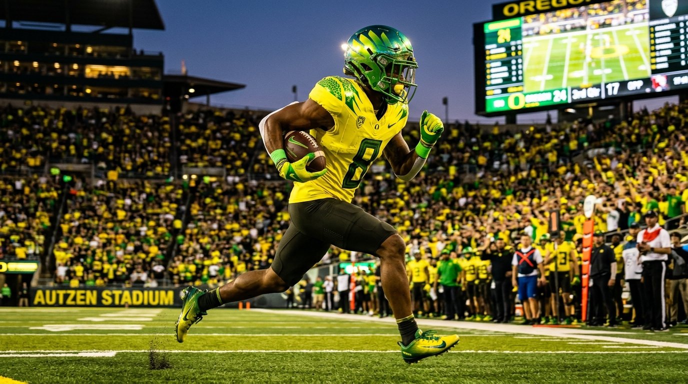 Oregon football uniforms featuring chrome helmet and bright yellow jersey worn by player at Autzen Stadium