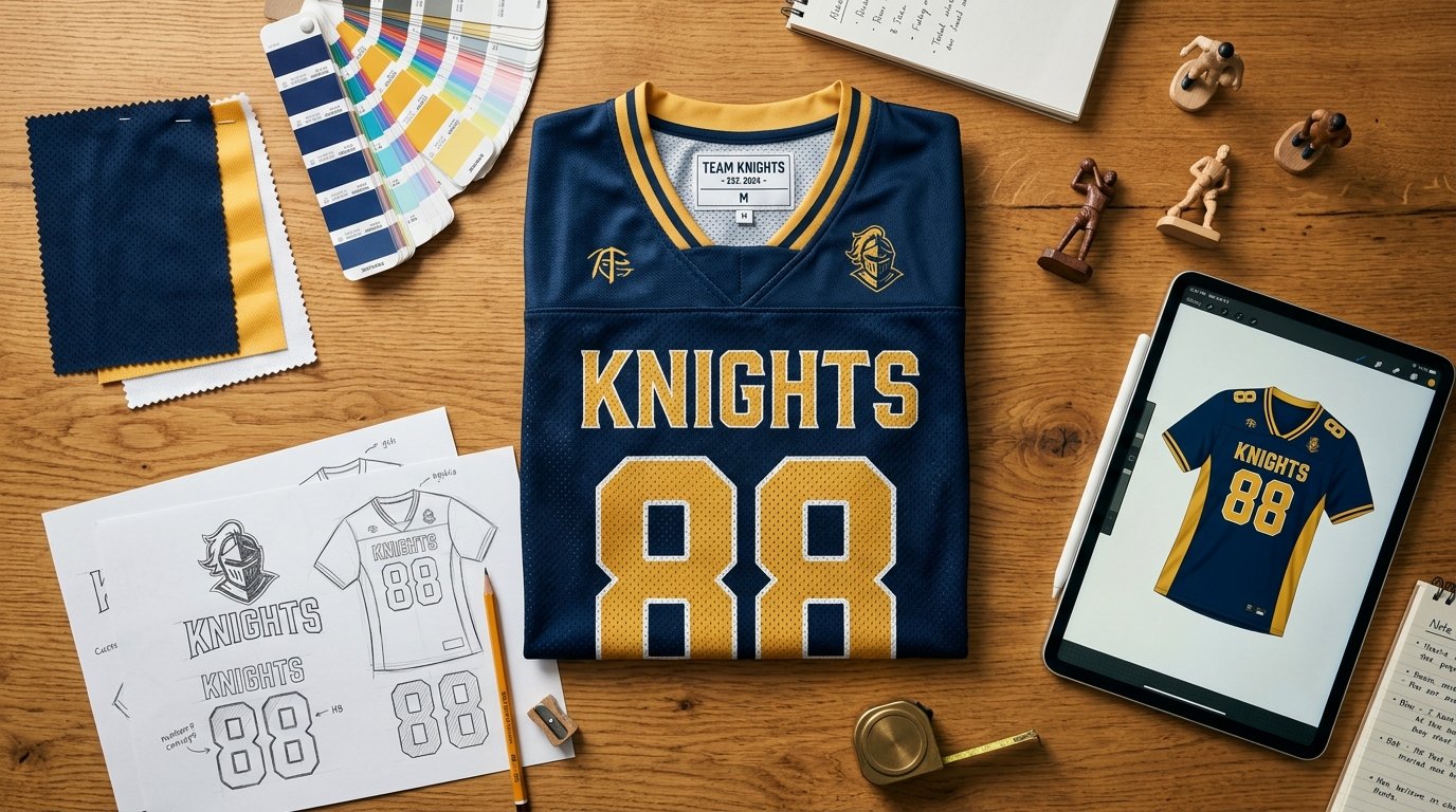 Team uniform design workspace with custom navy and gold jersey mockup, fabric swatches, Pantone colors, and design sketches