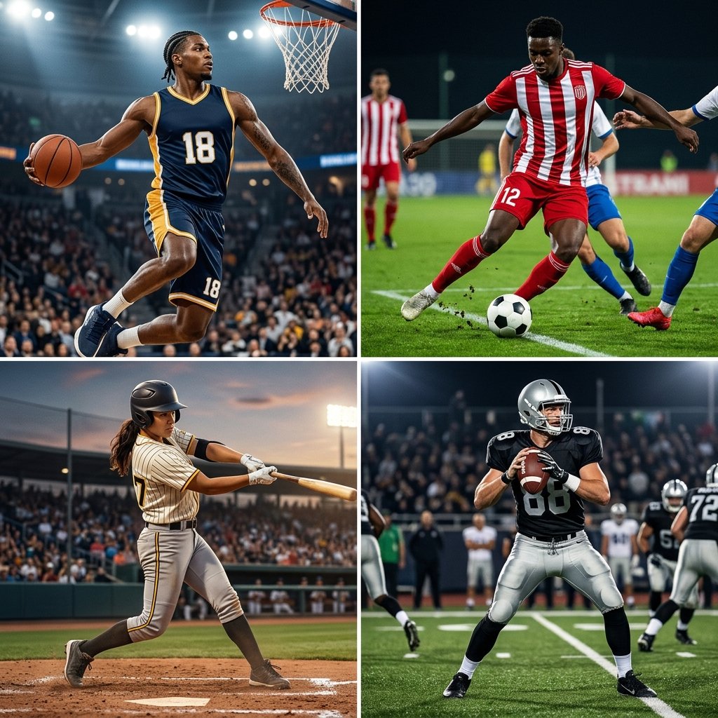 Four athletes in custom team uniforms for basketball, baseball, soccer, and football showing sport-specific design choices