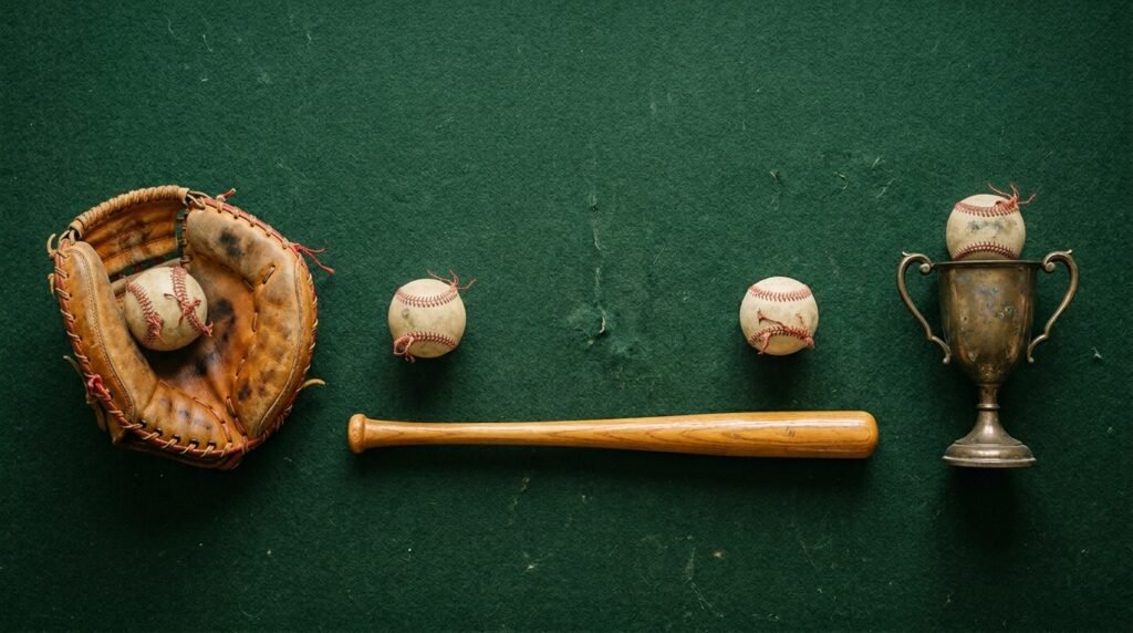 Empty baseball field at twilight with worn bat, leather glove, and baseball on home plate, illustrating what is OPS in baseball and the analysis of hitting performance