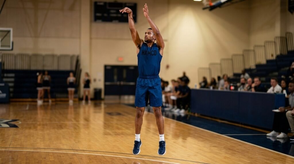 Basketball forward shooting from behind the three point arc, the stretch four skill of the modern game