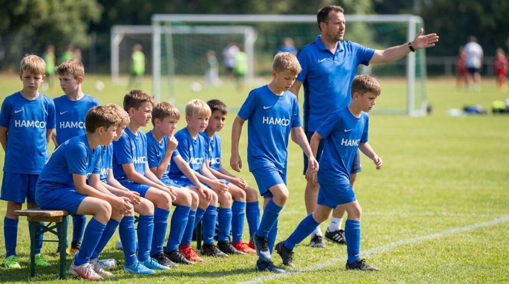 Youth soccer players waiting on the bench to rotate into the game
