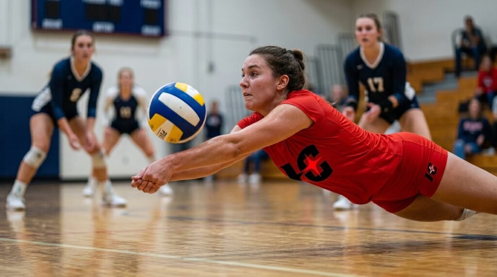 Libero in a contrasting jersey diving to dig the ball in the back row