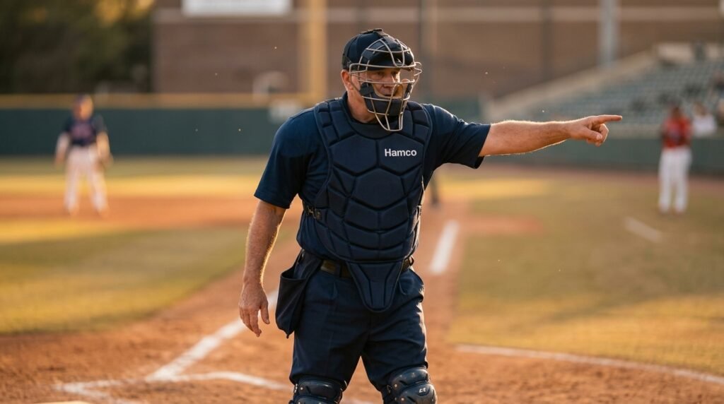 Home plate umpire pointing to the side to signal a balk call during a baseball game