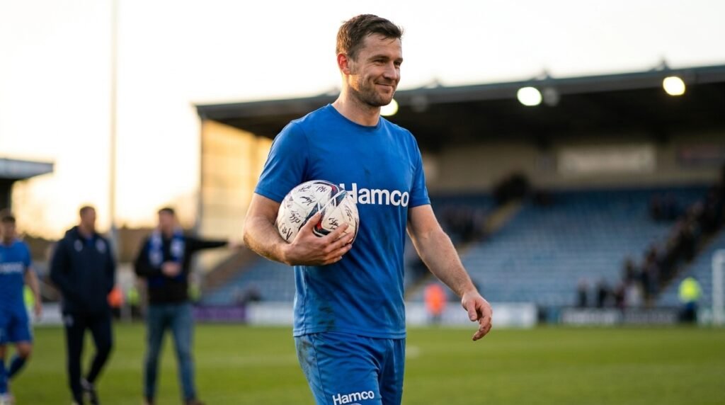 Soccer player carrying the signed match ball off the field after scoring a hat trick