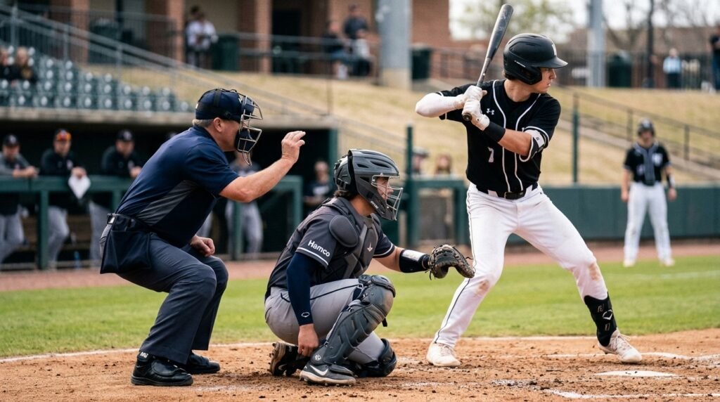 Umpire crouched behind the catcher as a batter waits for the pitch at home plate