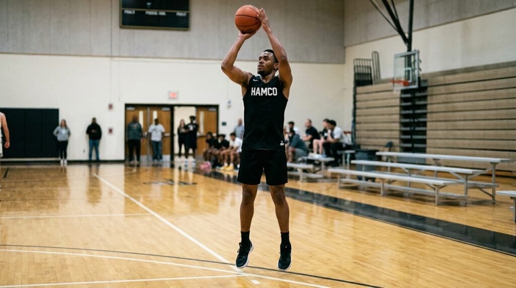 Basketball player shooting with both feet behind the three point line for a three point field goal