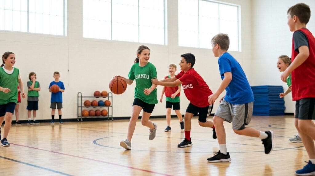 Kids playing a dribbling tag game across a gym during a fun basketball conditioning drill