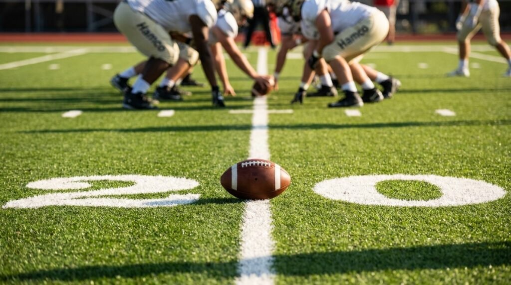 Football on the 25 yard line where each team starts its possession in college football overtime