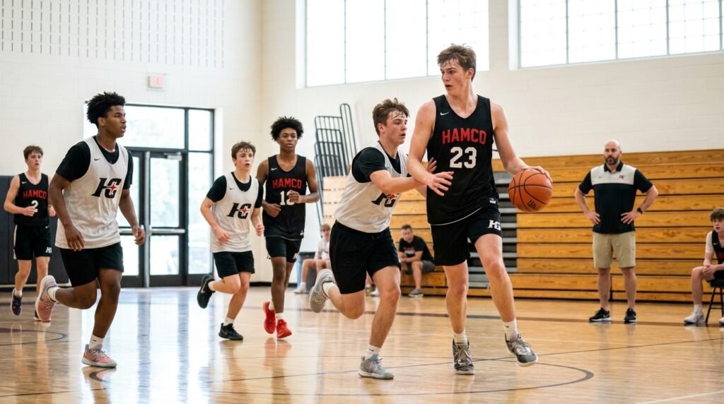 Tall young basketball player handling the ball on the perimeter during a youth practice scrimmage