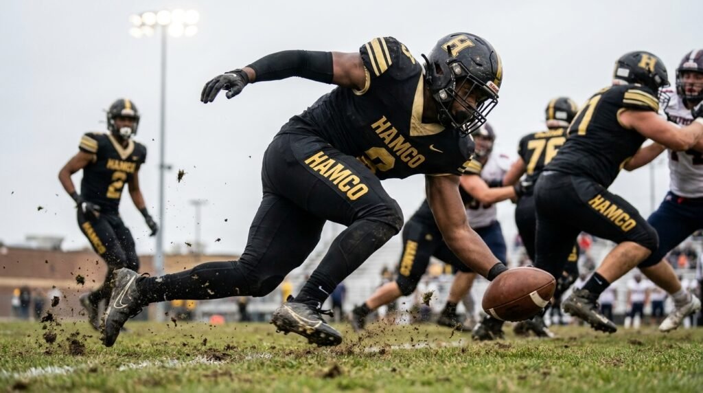 Defender scooping a fumble off the ground for a scoop and score, the fumble version of a pick six