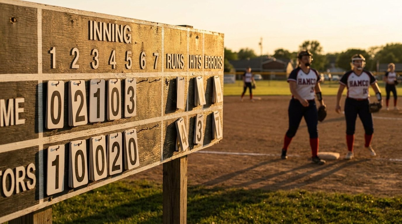 scoreboard showing innings and a line score, illustrating how long a softball game lasts