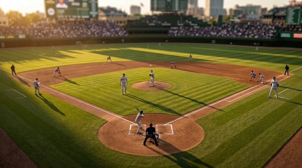 Wide view of a baseball diamond with base runners, the setup that triggers the infield fly rule