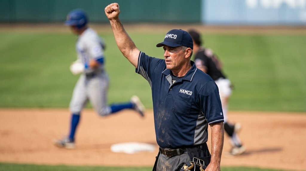 Baseball umpire raising a closed fist overhead to signal the batter out on an infield fly