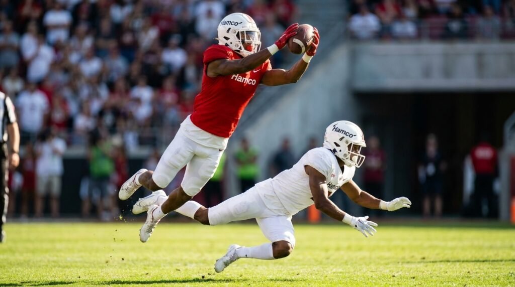 Cornerback catching an interception, the first step toward a pick six in football