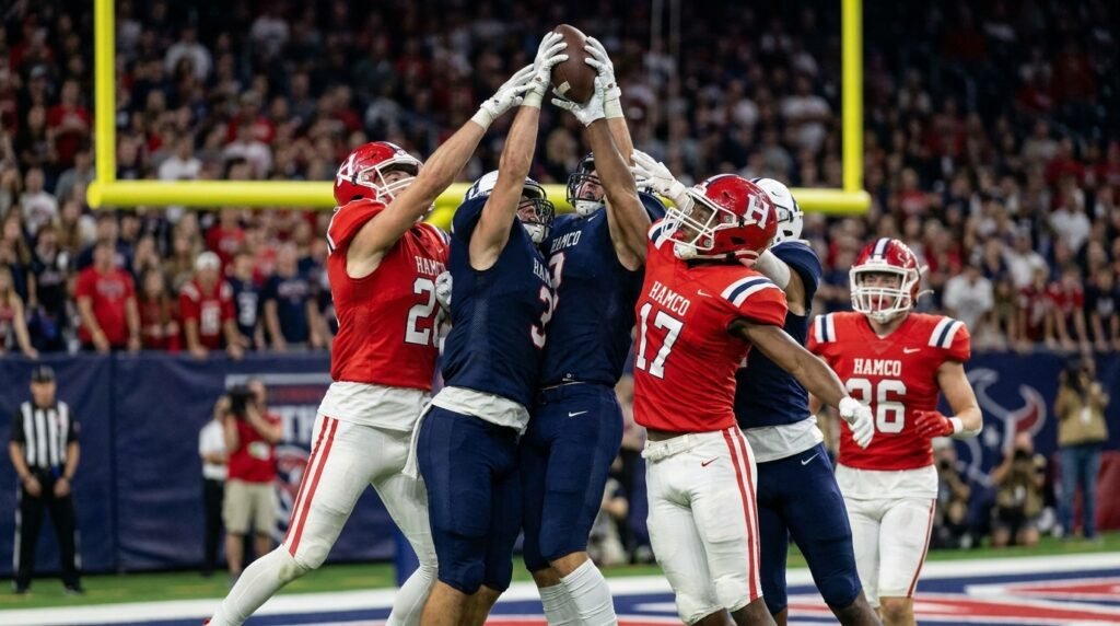 Receivers and defenders leaping for a jump ball in the end zone on a hail mary
