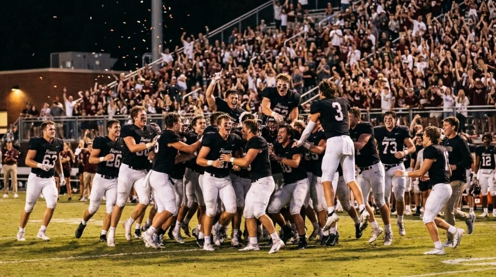 Football team celebrating on the field after winning a dramatic multiple overtime college game