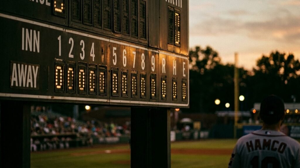 Baseball scoreboard showing a row of zeros across every inning for the away team at dusk