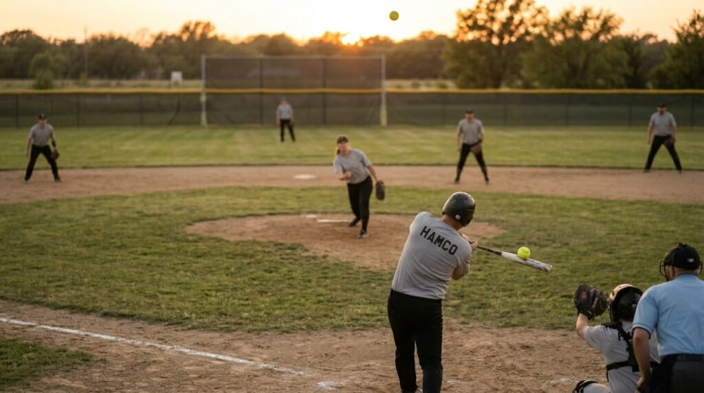 Slowpitch softball game with fielders spread across a deep outfield as a batter swings at dusk