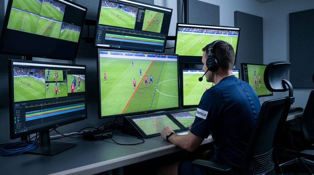 Video assistant referee reviewing offside lines on a paused frame to make the call