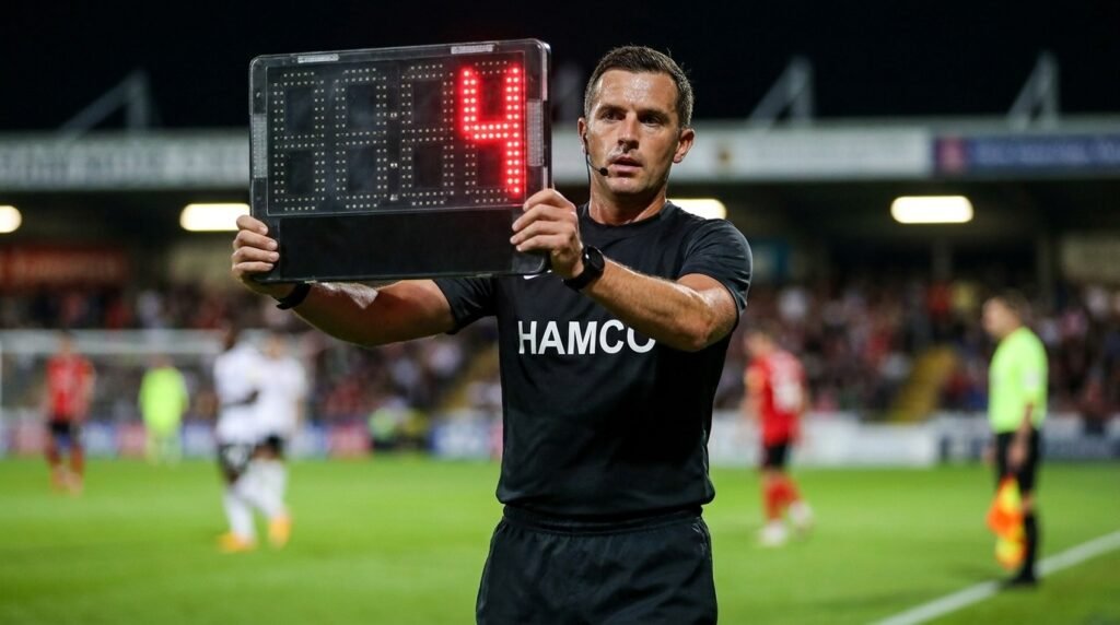 Fourth official holding up the added time board to show stoppage time