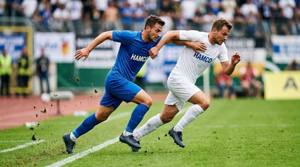 Attacker and defender level with each other showing an onside position in soccer