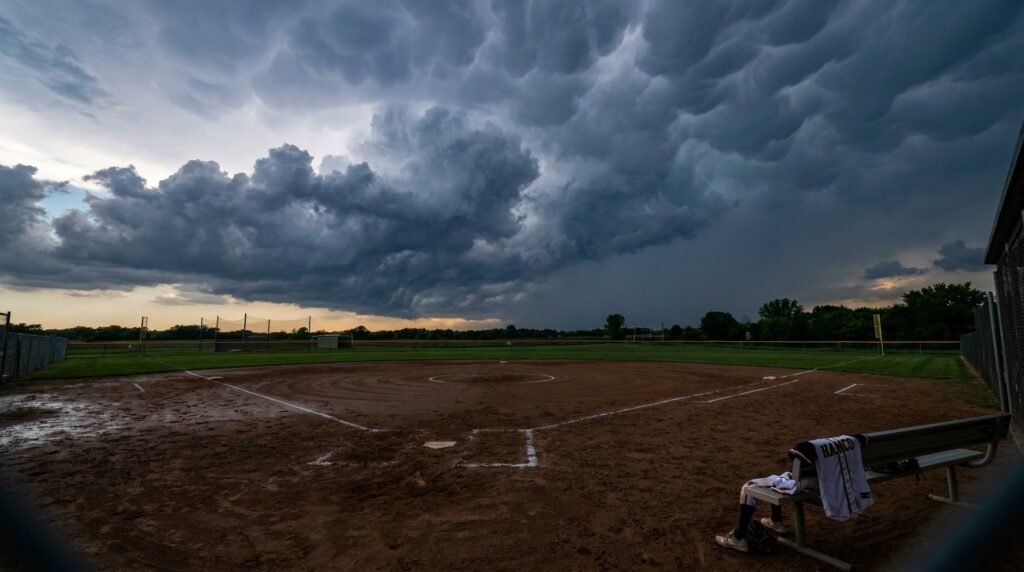 Dark storm clouds gathering over an empty softball diamond at dusk before a rain delay