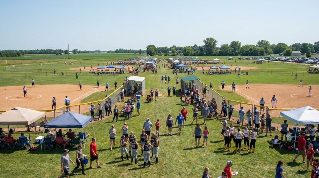 Softball tournament complex with multiple diamonds and teams between games on a busy weekend