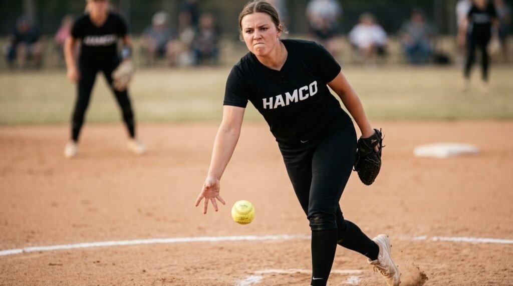 Fastpitch softball pitcher releasing the ball at the bottom of her windmill delivery