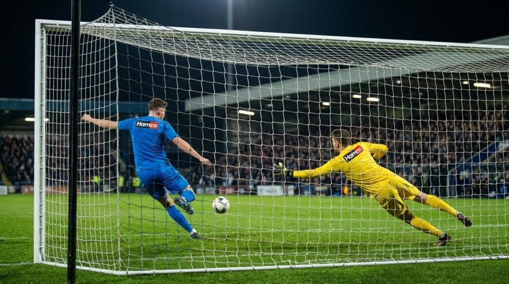Player taking a penalty kick against a diving goalkeeper in a shootout