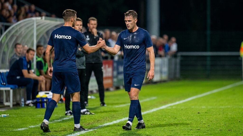 Soccer player leaving the field and handing over to his substitute at the touchline