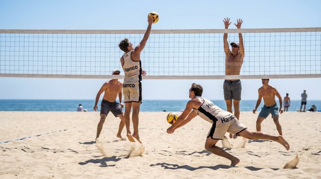 Two on two beach volleyball match on sand showing the faster doubles format