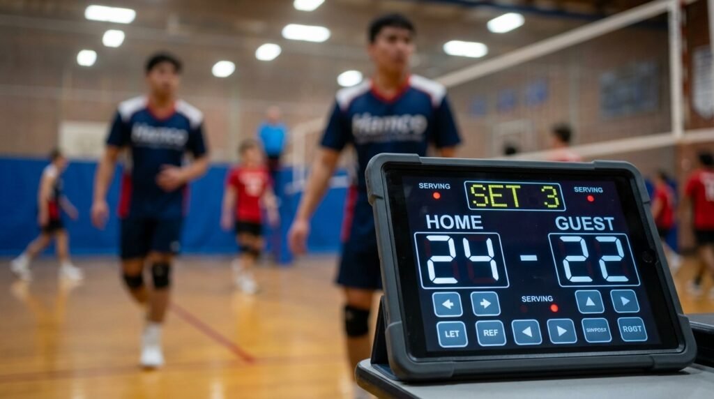 Volleyball scoreboard showing a close set score near the end of a set