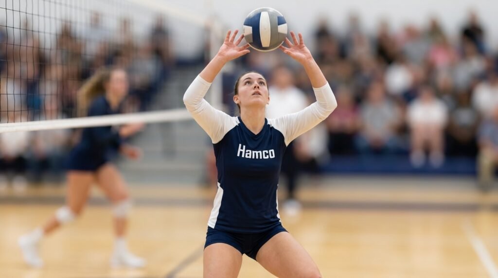 Volleyball setter releasing an overhead set to start the attack