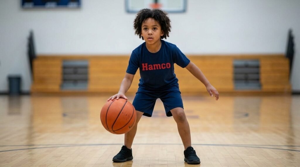 Young player dribbling a basketball with eyes up, the core habit of beginner dribbling drills